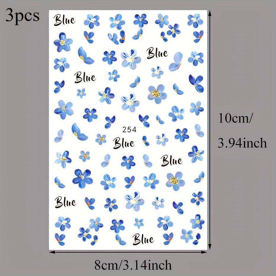

3pcs Blue Flower Watercolor Nail Stickers Self-Adhesive Hypoallergenic Glossy Finish Summer Floral for Manicure Nail Art Decor