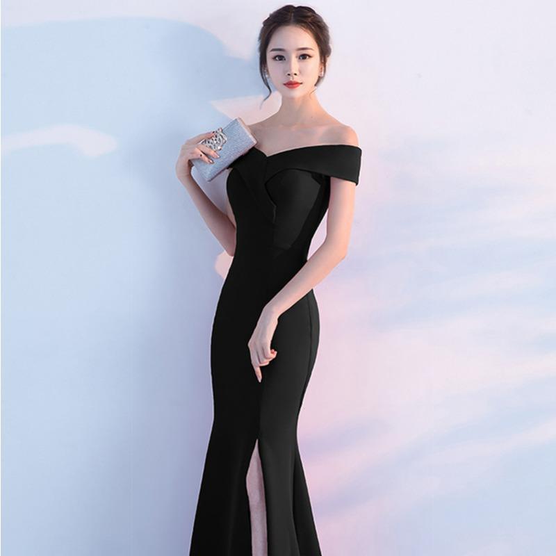 Banquet Evening Dress Chen Qixiong Elegant Long One-word Shoulder Fishtail Host Dress Long Dress