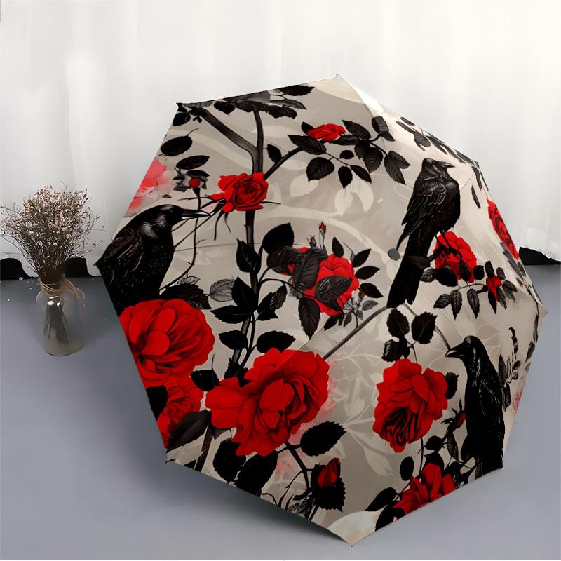 1pc Raven Roses Automatic Open/close Umbrella, 8-Rib sturdy structure, Auto Folding/Opening, Portable Travel Umbrella for Women,268
