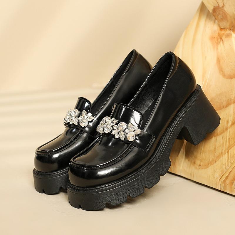 Thick-soled small leather shoes women's new retro versatile black leather square head thick heel single shoes