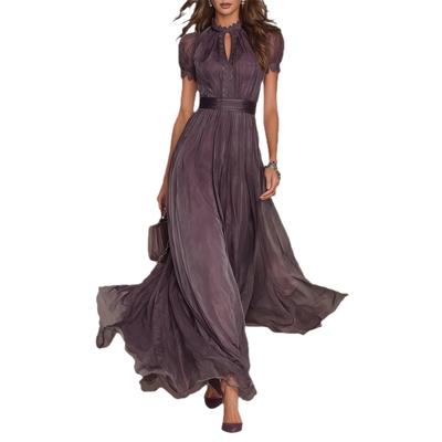 Abito Lungo Viola in Chiffon ad Scollo Alto Manica Corta Foro Chiave Svasato Formale Elegante per Serata Matrimonio