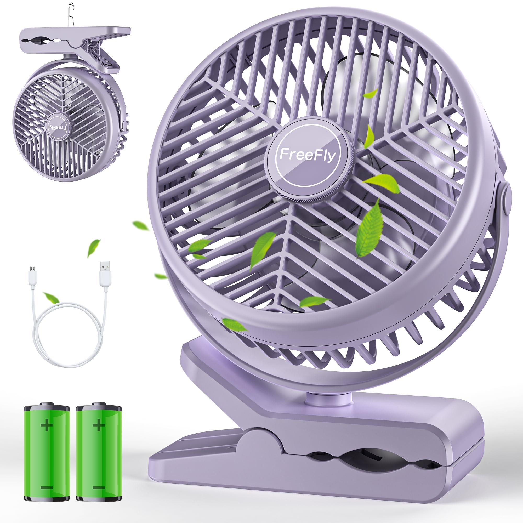 

10000mAh FreeFly Rechargeable Clip Tabletop Approximately 10CM diameter Equipped with a 14cm large airflow and 360 degree angle living [Built-in Фіолетовий