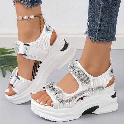 Crystal Wedge Platform Sandals Thick Sole Summer Fashion Comfortable Elevated Women Shoes Light Casual Hook&Loop Sports Sandals