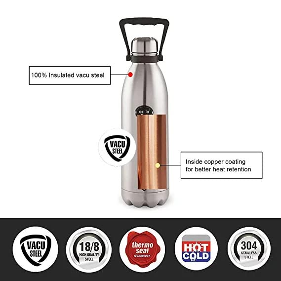 Thermosteel Water Bottle 1500ml For Travel Office Use | Double Wall Vacuum Flask Keeps Drinks Hot Cold 24H | Sleek Silver Leakproof Design
