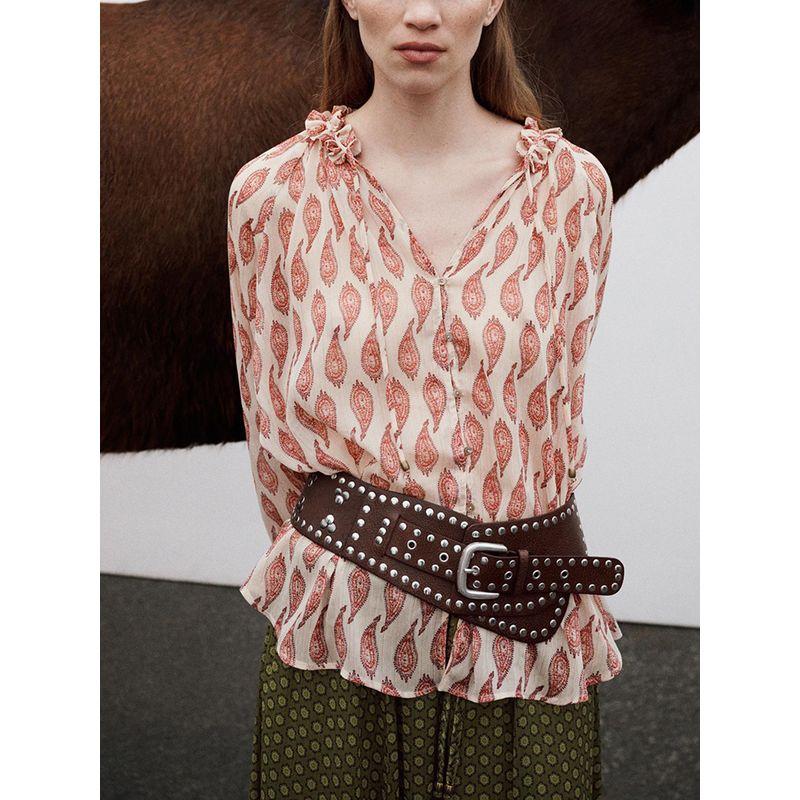 Za2025 Spring New Women's Clothing Easiest for Match Metal Color Line Print Temperament Long Sleeve Lapel Shirt 2505141