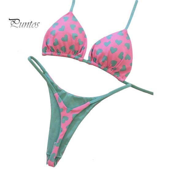 

2 шт./компл. сексуальный женский комплект бикини с принтом сердца, бюстгальтер с лямкой на шее, комплект стрингов на шнуровке, быстросохнущий купальный костюм, летняя пляжная одежда S розовый