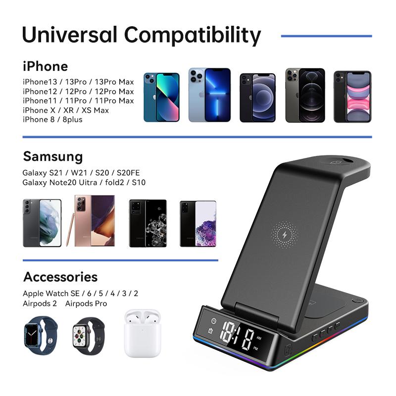 5 In 1 30W Foldable Wireless Charger Stand RGB Dock LED Clock Fast Charging Station for iPhone Samsung Galaxy Watch 5/4 S22 S21