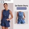 Sleeveless Denim Two-Piece Set for Women: Button Design High-Waisted Shorts, Trendy & Casual European-American Style 2026.