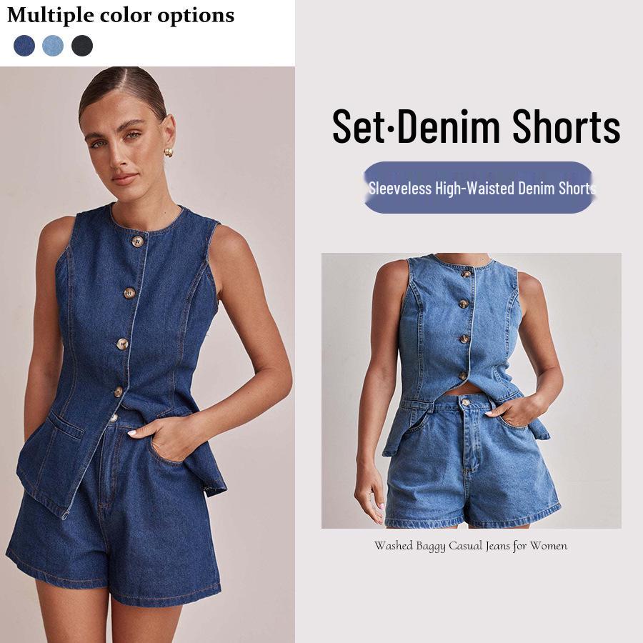 Sleeveless Denim Two-Piece Set for Women: Button Design High-Waisted Shorts, Trendy & Casual European-American Style 2026.