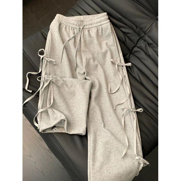 Women's Fashion Loose Bow Tie Drawstring Straight Pants Loose Wide Leg Casual Pants