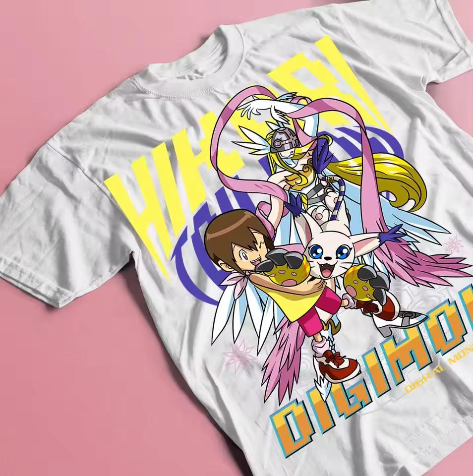 Digimon Adventure Hikari Tailmon Angewomon Retro Letter Japanese Anime Graphic T-Shirt Oversized Y2K Streetwear Cotton Tee