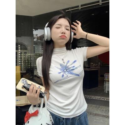 Girls Y2K Tees White Retro Printed Short Sleeve Round Neck T-shirts For Female