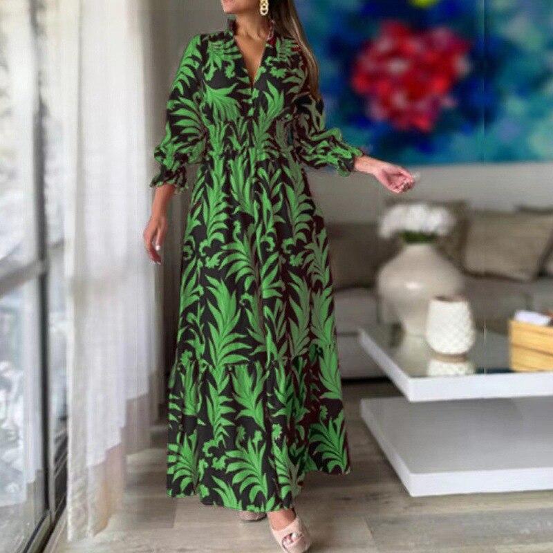 Spring  Shirring Elastic Waist Long Dress Fashion V-neck Bohemian Dress Elegant Puff Long Sleeve Printed Dress Vestidos 26351
