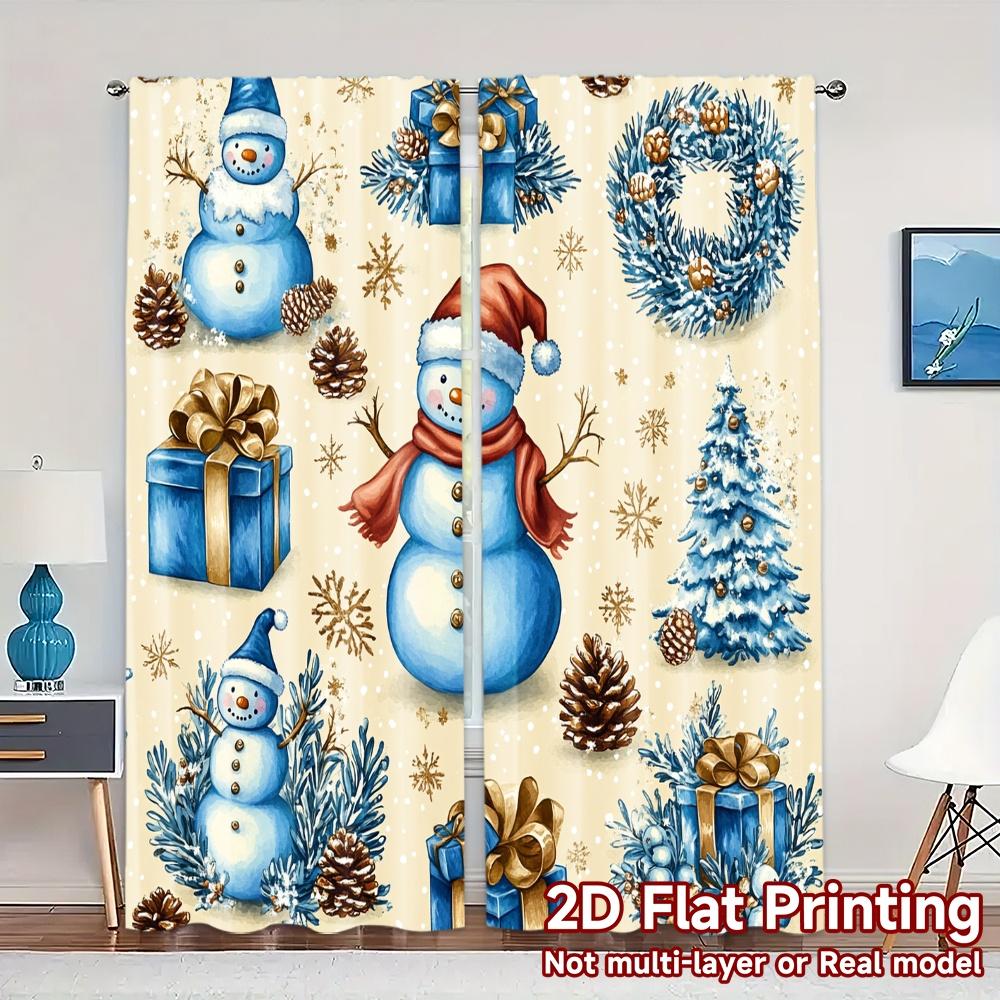 2pcs,Curtains Cute Snowman Christmas Wreath Festive Season Chic Minimalist Curtains Polyester Easy Install Curtains All Seasons