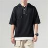 Summer Hooded T-Shirts Men Solid Short Sleeve Loose Streetwear Tees Male Vintage Casual Sports Tshirt Hooded Neck Tops Plus Size