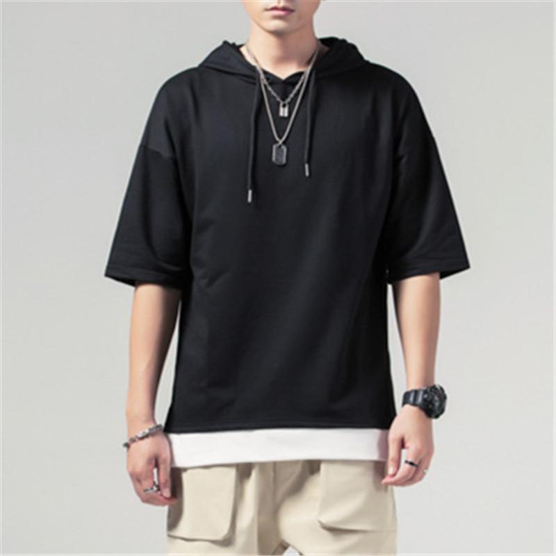 Summer Hooded T-Shirts Men Solid Short Sleeve Loose Streetwear Tees Male Vintage Casual Sports Tshirt Hooded Neck Tops Plus Size