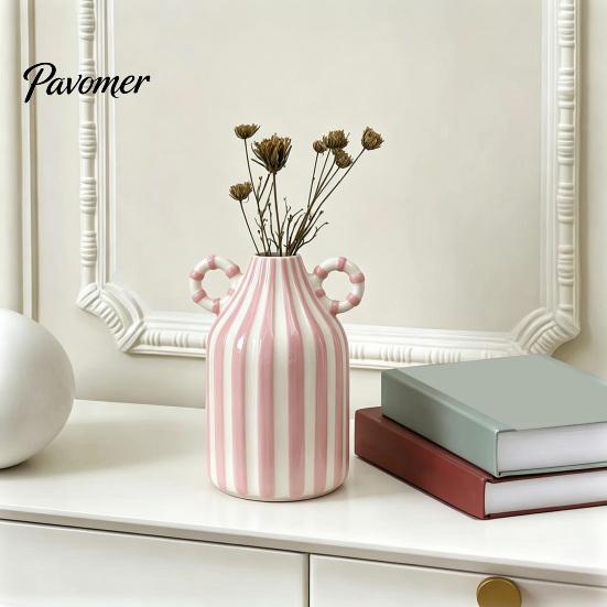 Artistic Home Atmosphere Vase Striped Ceramic Vase, Modern Glossy Hand Painted Flower with Double Fresh Cut Arrangement Ear Handles for Living
