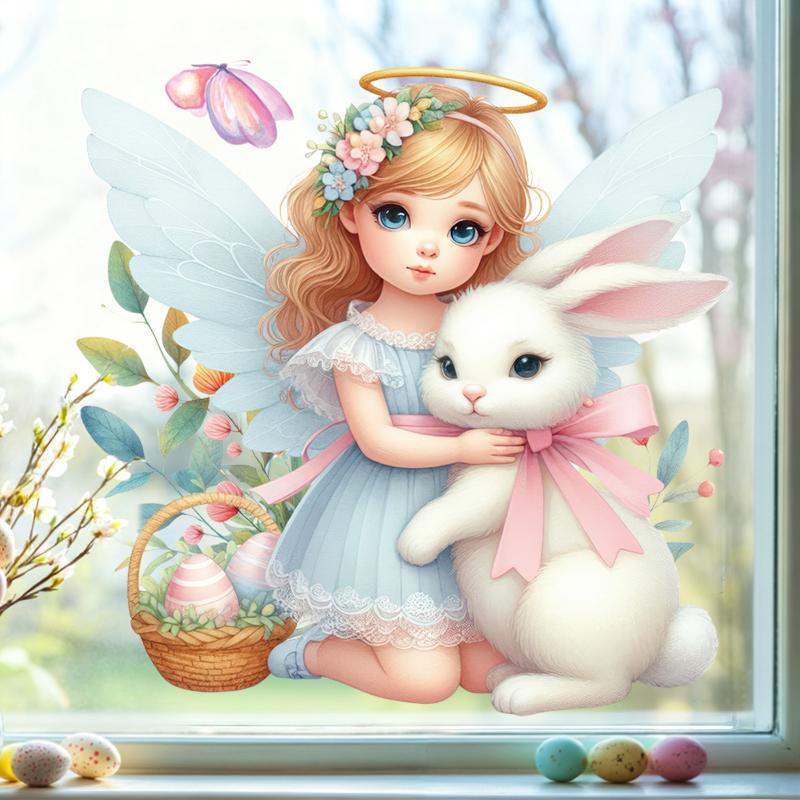 1 Sheet Cute Rabbit Egg Decals Easter Stickers Angel Rabbit Showcase Entrance Glass Electrostatic Patch Easter Party Decoration