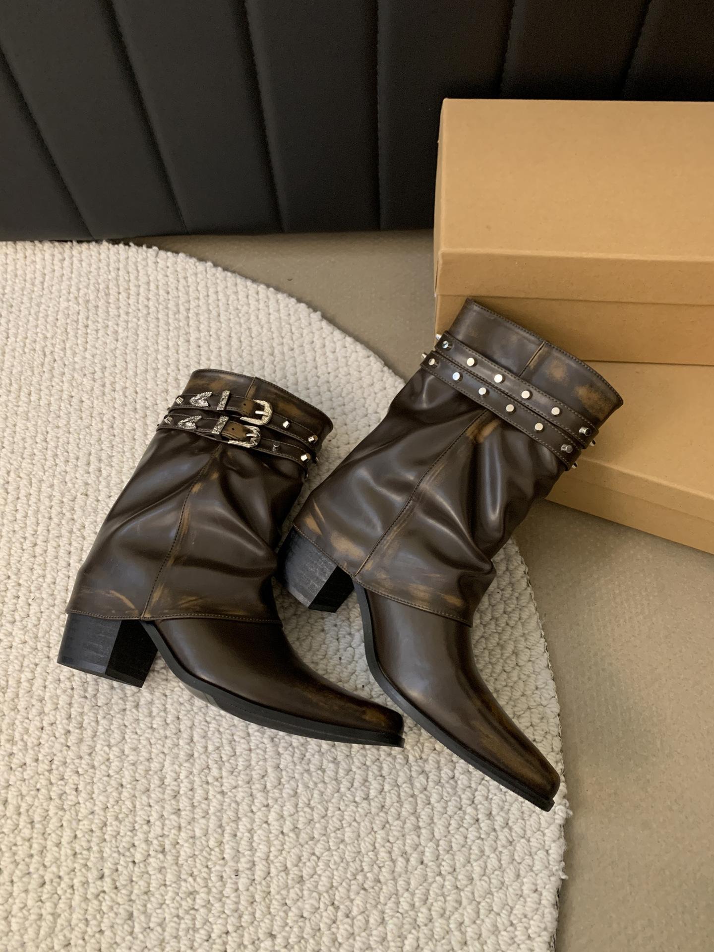 

2025 spring new niche retro design American Spice Girl Willow Spike Knight Boots show thin stacking boots short boots women 39 темно-коричневого