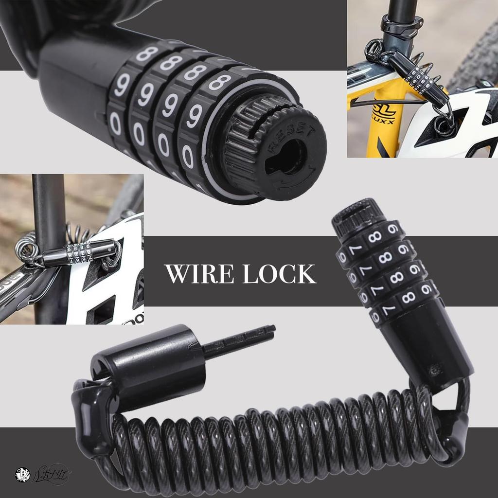 Rubonarie Bicycle Wire Lock, 4-Digit Combination, 150cm, Lightweight, with Key (Black)