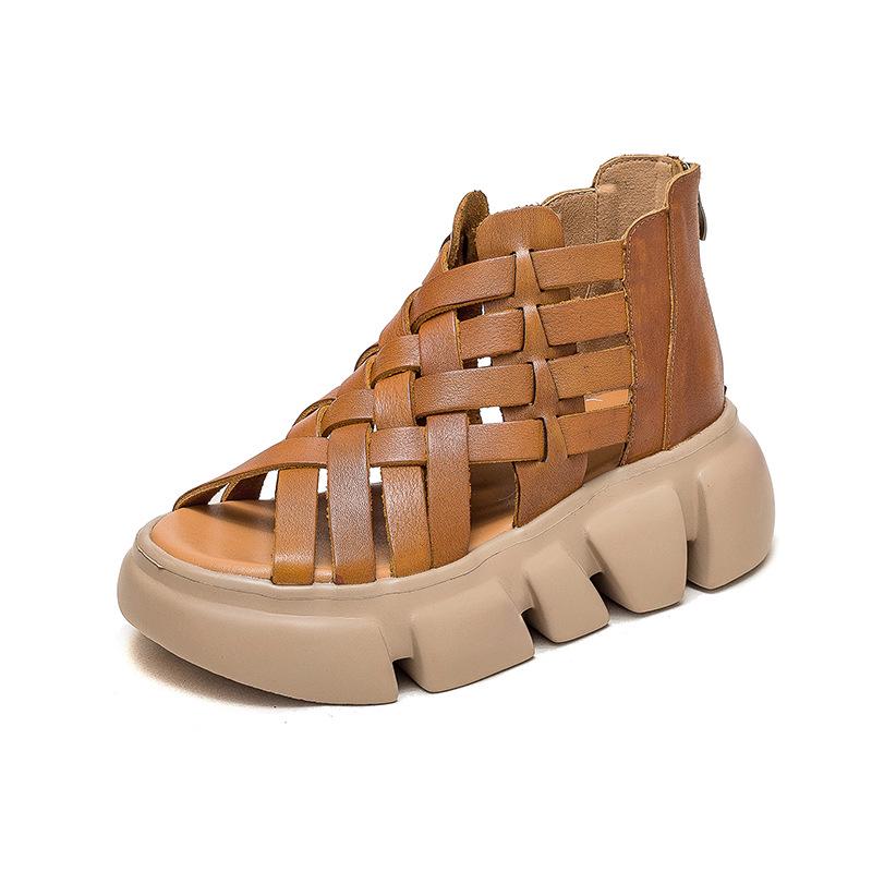 Jiechu Women's Summer Braided Hollow Sandals - Thick Sole, Breathable Candy Colors, Comfortable Roman Style