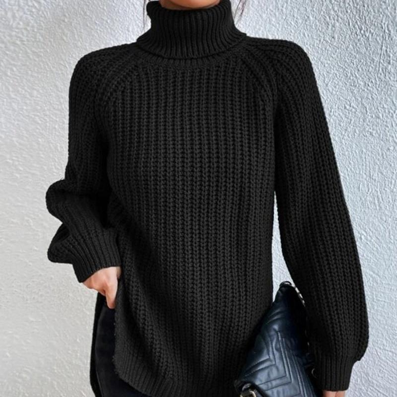 Autumn and Winter Fashion Knitwear Mid-length Raglan Sleeves High Lapel Split Sweater Women