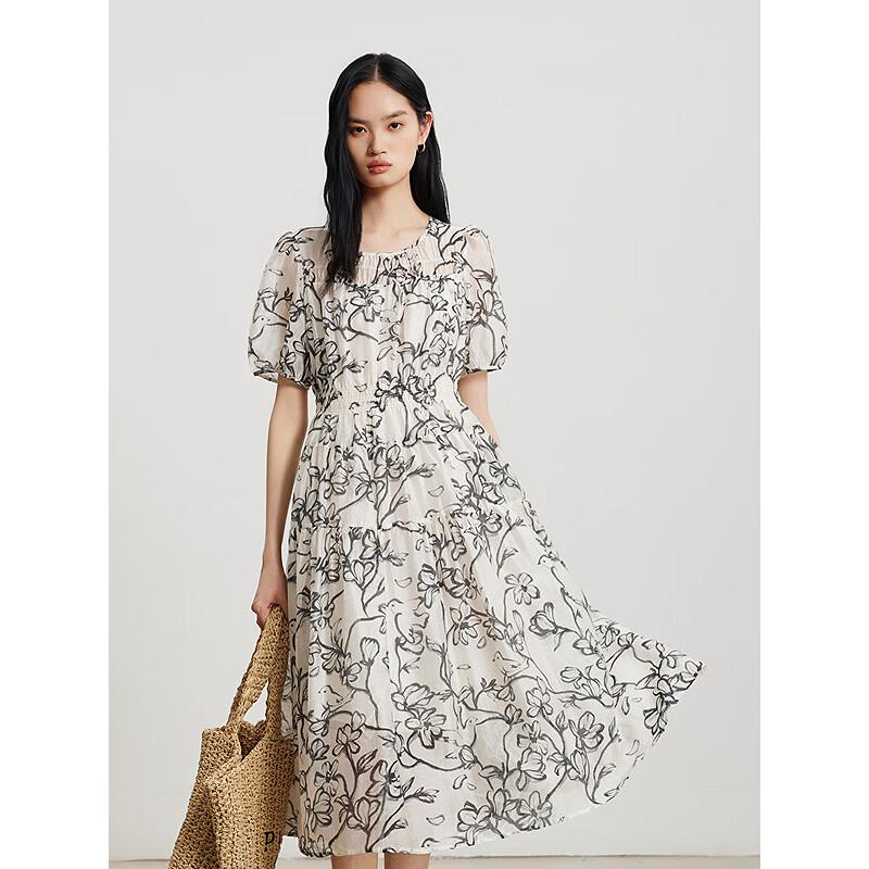 Floral Print Bubble Sleeve Midi Dress S
