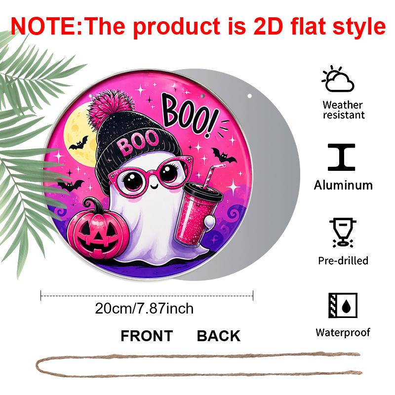 2D Flat, 1pc Round Aluminum Hanging Sign - Cute Pink BOO Decorative Signs, Halloween Holiday Party Metal Aluminum Plaque, Bar Porch Yard Living Room