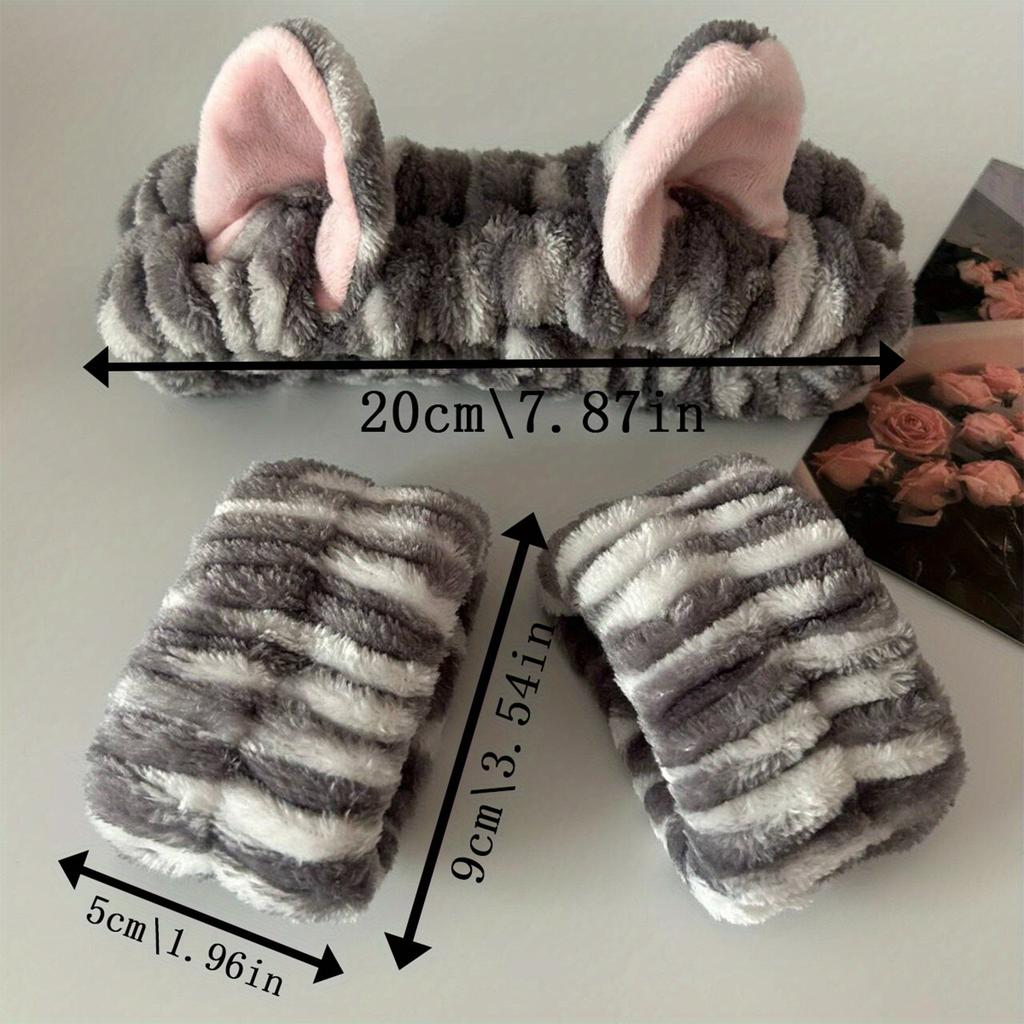 Cute Plush Headband Wrist Strap Set, Cartoon Cat Ear Shaped Wash Up Headband Kit, for Washing and Makeup in Autumn and Winter.
