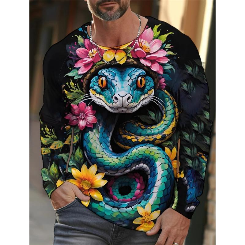 Spring and Autumn Round Neck 3D Snake Pattern Printed Top Fashionable Casual Long Sleeved Men's T-shirts