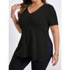 Summer Women's T-shirt Solid Colour Plus Size Women's Tops V-neck Pit Stripes Short-sleeved Open Sleeve Pullover T-shirt