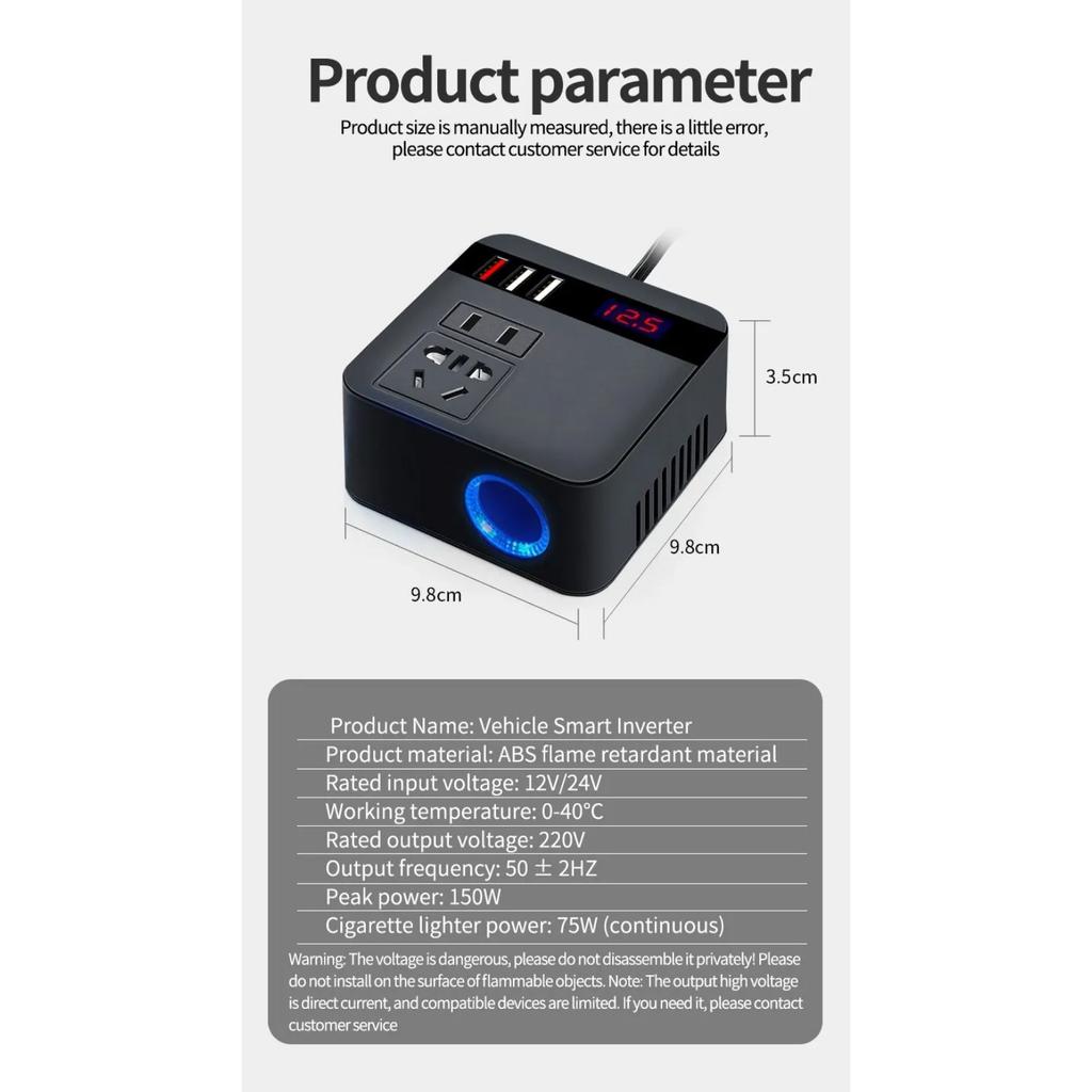 Car Inverter 150W Peak DC12V/24V To 110V/220V LED Display Sockets Power Inverter Adaptor Fast Charging