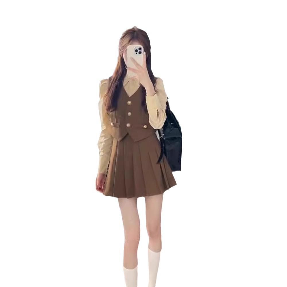 Women's British College Style Autumn Suit: Striped Shirt, Vest, and Pleated Skirt Three-Piece Set