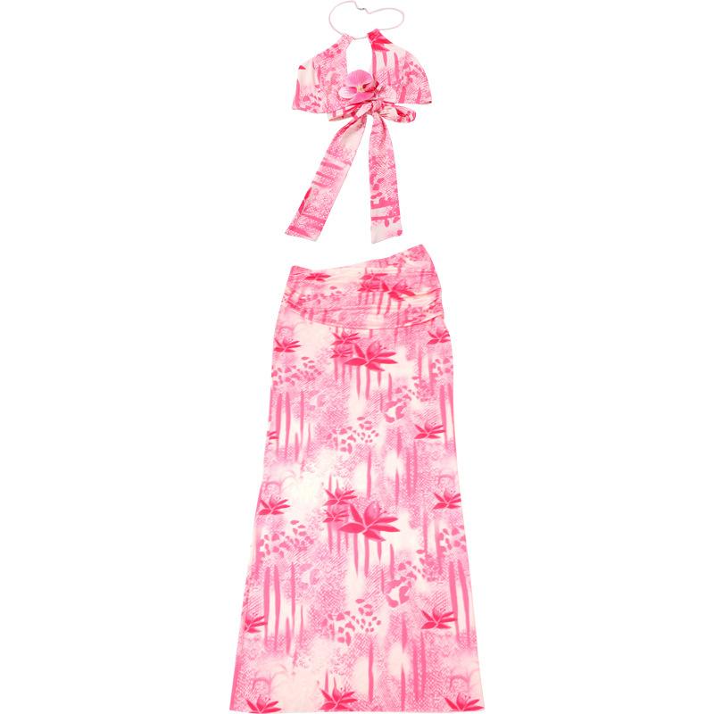 Fashion Printed 2 Piece Set Women Summer Pearls Necklace Halter Crop Tops Skinny Long Skirts Vacation Beach Style Suit