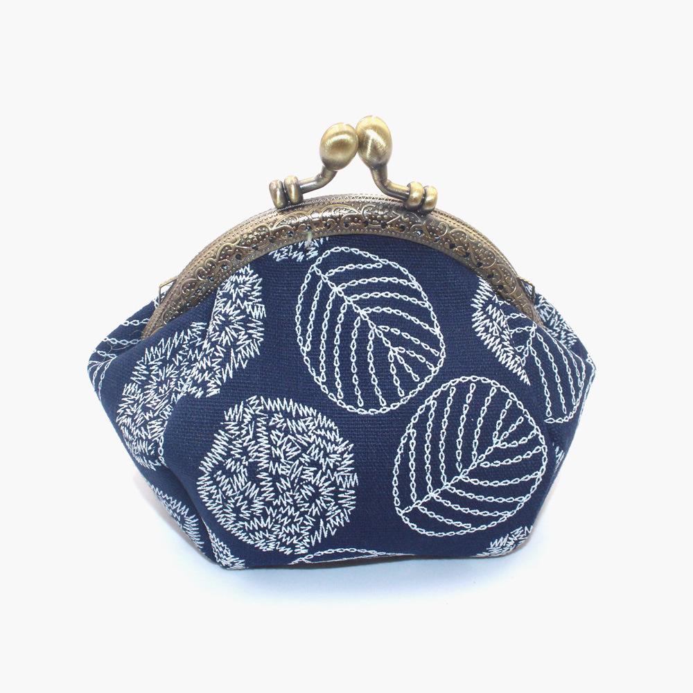 10.5cm Canvas Leaf Print Clasp Coin Purse - Handmade Retro Ladies' Clutch with Snap Closure
