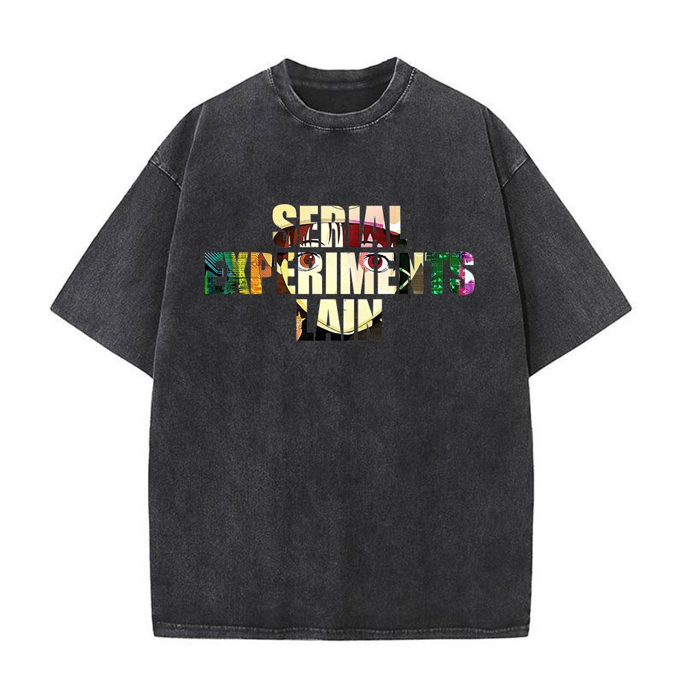 Japanese Anime Serial Experiments Lain Vintage Washed T Shirt Manga Iwakura Girl Sci Fi T-shirts Men 100% Cotton Casual T Shirt