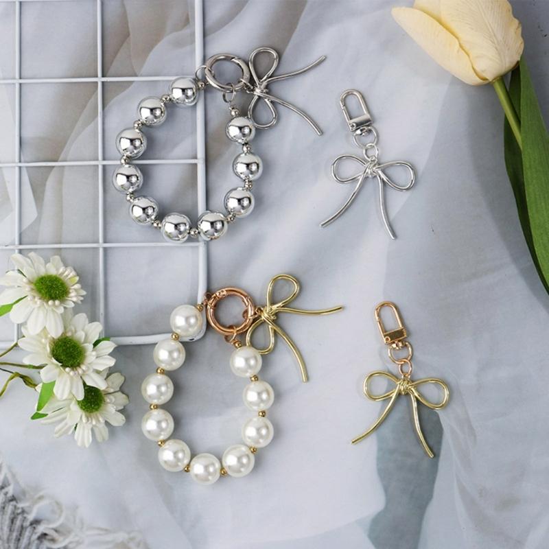 Delicate Keychain with Beaded Bowknot Phone Charm Unique Keyring Bag Pendant for Car Key Wallet Backpack Purse
