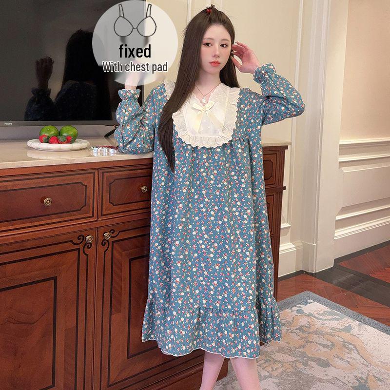 Retro-Blumen-Baumwoll-Nachthemd mit langen Ärmeln & Brustpolstern, Übergröße 220 Jin - Bequem für Frühling & Herbst