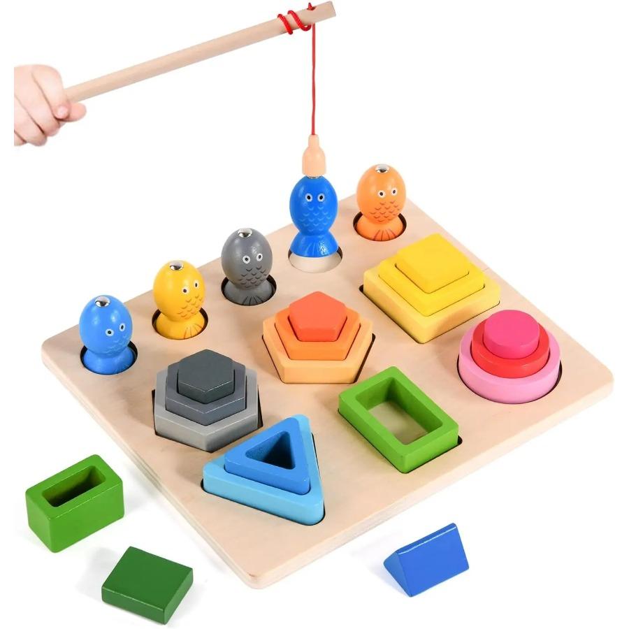 Toddler Montessori Toys Wooden Shape Color Sorting Toys Fine Motor Skill Fishing Game Activities Early Learning Educational Toys