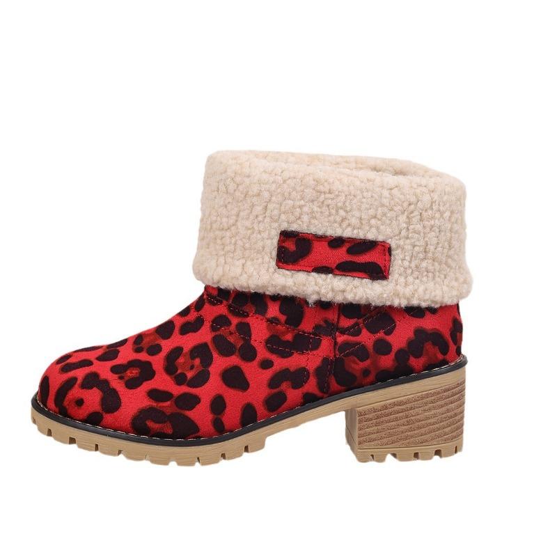Winter new leopard print women's boots medium tube thick heel high heel fluffy snow boots large size cotton boots women