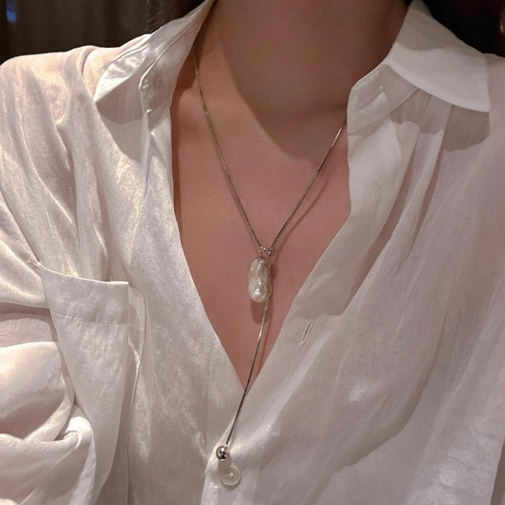 Simple Temperament Baroque Pearls Pendant Pull Adjustable Necklace for Women Stainless Steel Collar Jewelry Gifts Does Not Fade