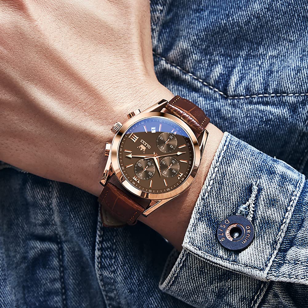Brand Brown Leather Date Quartz High School Day watch for men OLEVS Men's Wristwatch, Waterproof, Gold, Name, Simple, Stylish, Business, Strap,