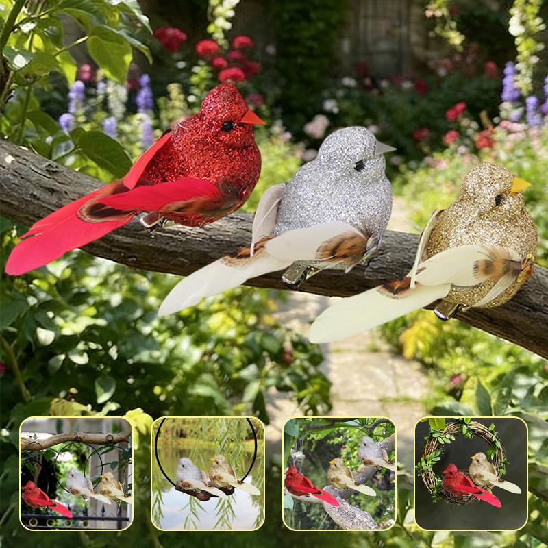 1pcs Simulated small bird with gold powder feathers, green plants, garden greening decoration, artistic bird .