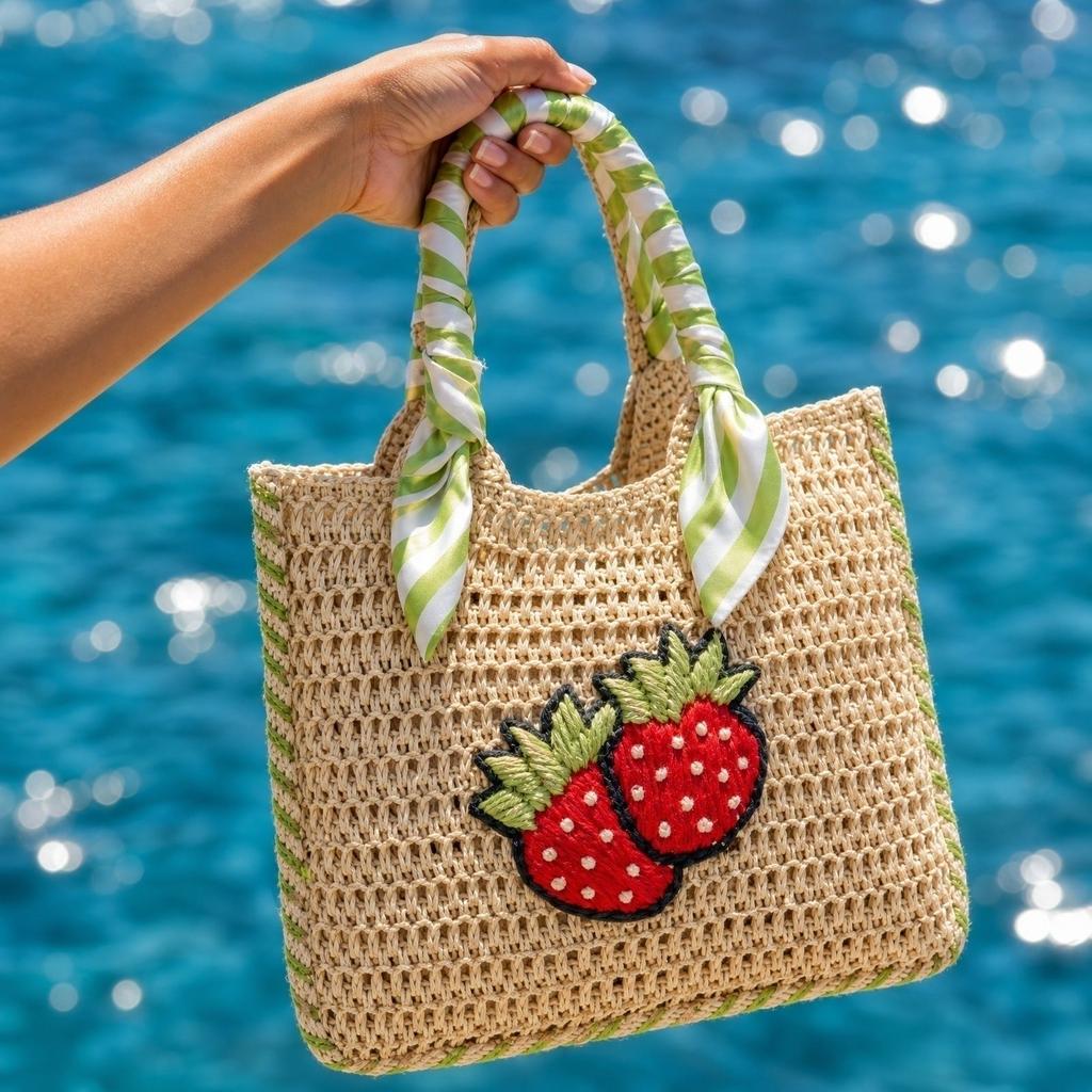 Handwoven Straw Tote Bag with Embroidered Fish Pattern and Wrapped Handles Suitable for Casual Everyday Use and Beach Outings