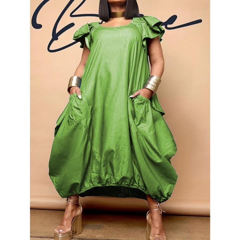 

Свободное платье, повседневное платье с круглым вырезом, женский богемный сарафан с карманами, летний вечерний наряд, элегантный сарафан, халат Femme L зелёный