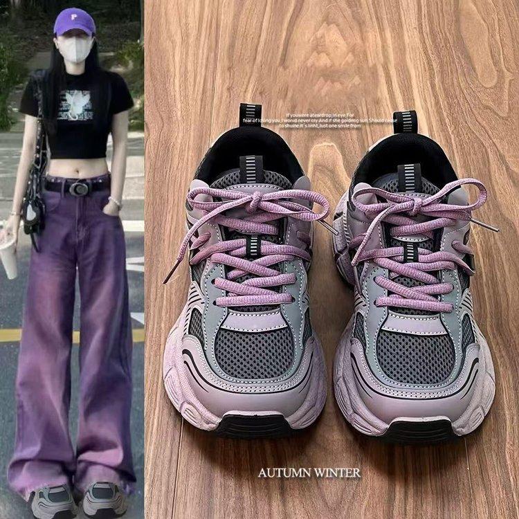 Horký prodej Malinově fialové Dad Sneakers pro ženy 2025Nové ins Všestranné studentské Zpátky do školy Sportovní ležérní boty na silné podrážce