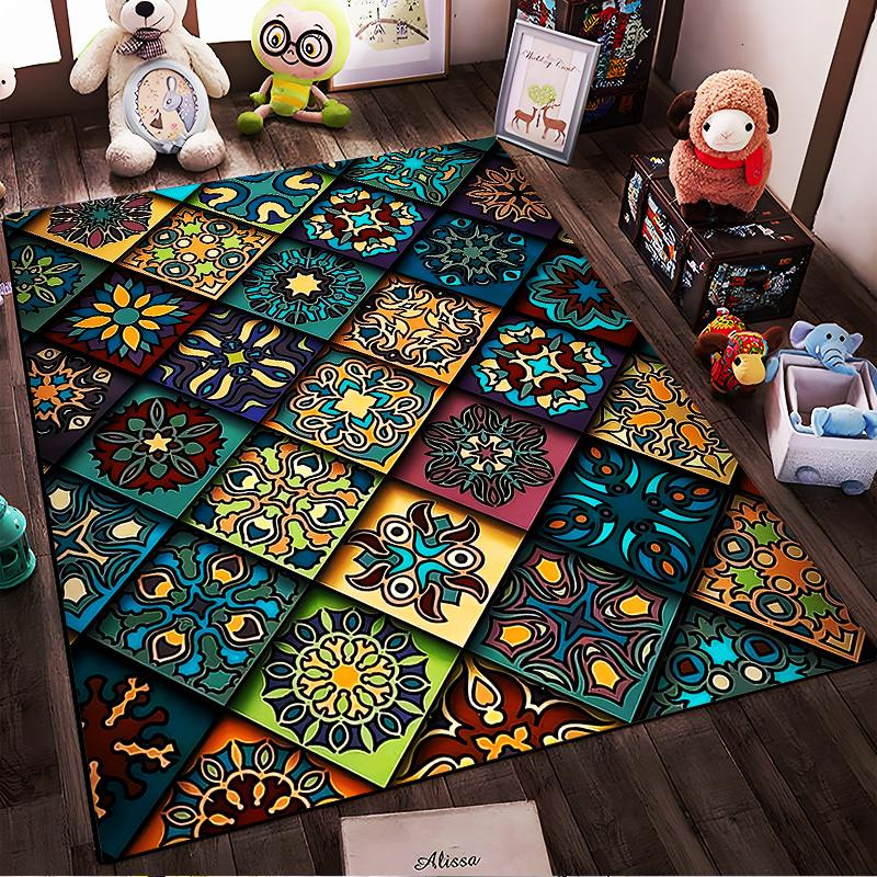 Colorful Geometric Carpet with Vintage Floral Tile Patterns Suitable for use as an anti-slip for living room bedroom sofas