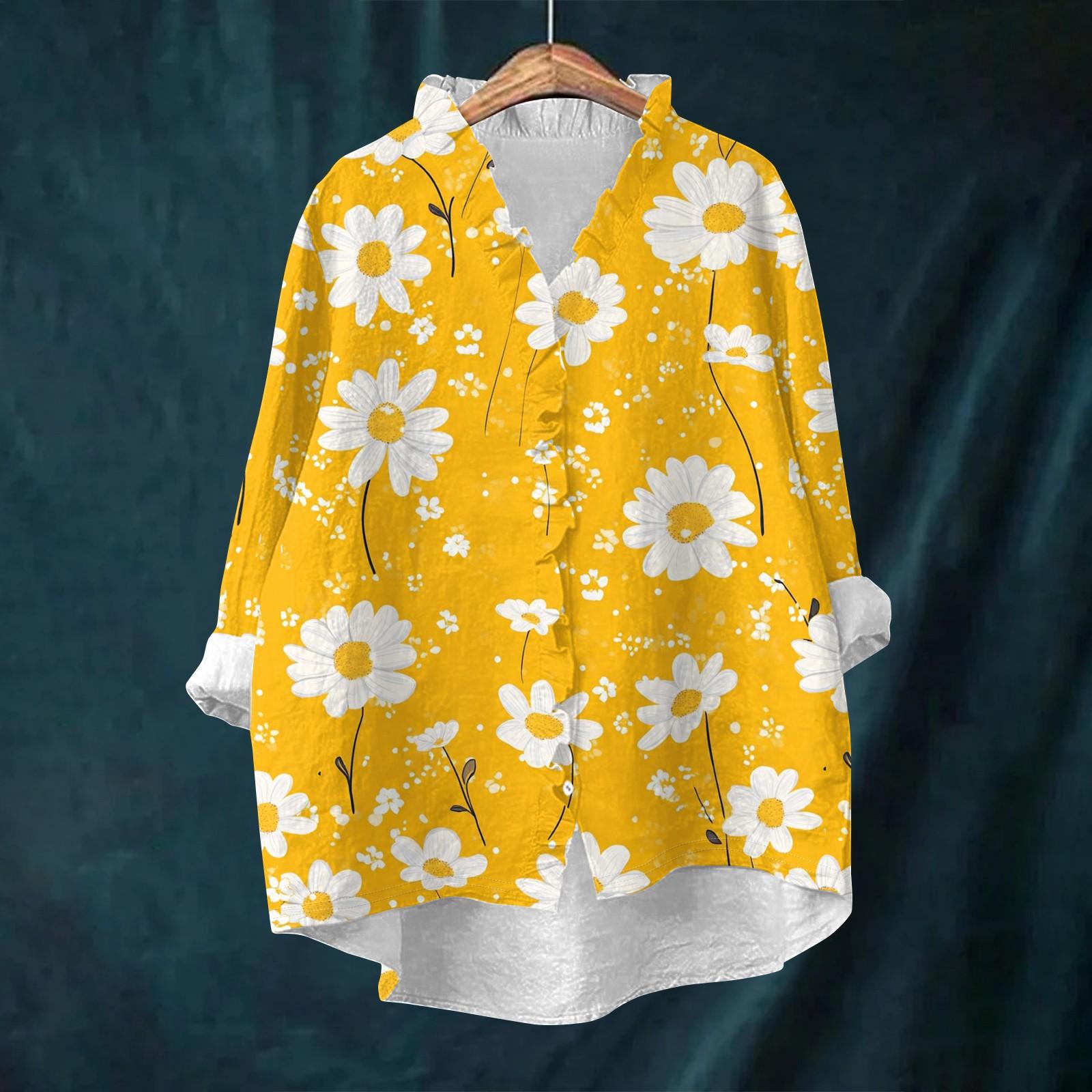 

Women s Loose Ruffled Retro Floral Print Stand Collar Long Sleeve Cotton And Linen Top L жовтий