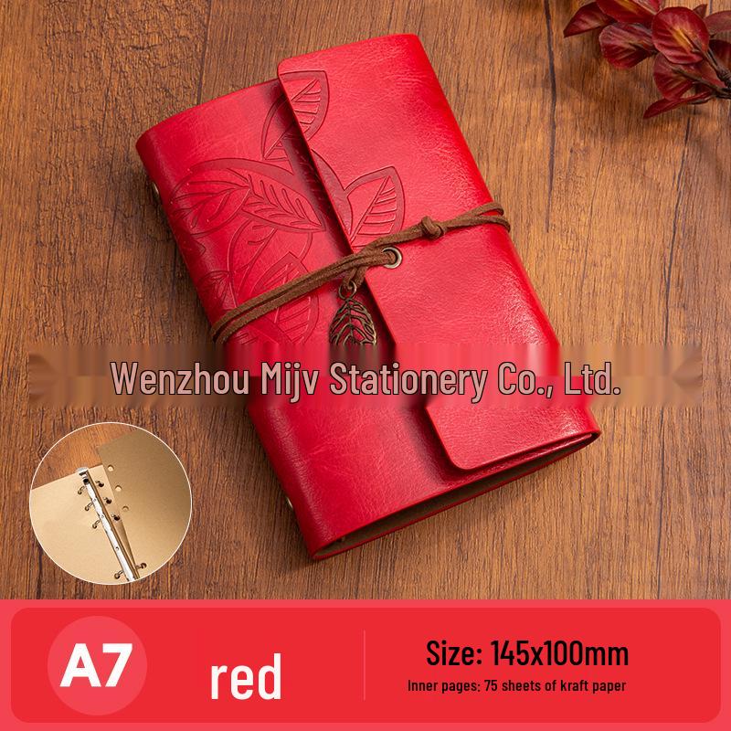 Retro A6 Leather Cover Notebook: Japanese Korean Style Planner & Travel Diary with Leaf Design and Strap.