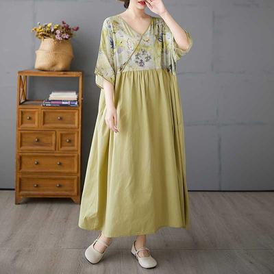 Baumwoll-Leinen Sommer V-Ausschnitt Patchwork Langes Kleid